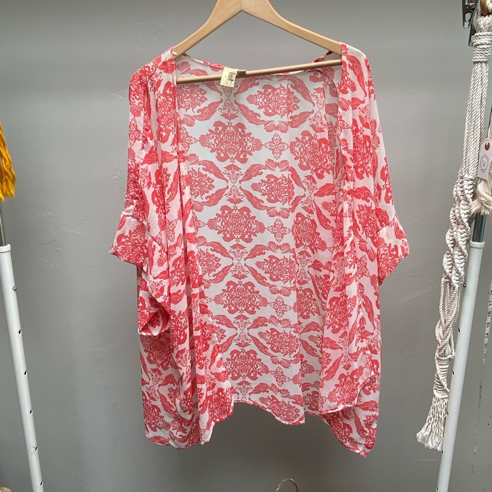 Coral and white gauzy kimono